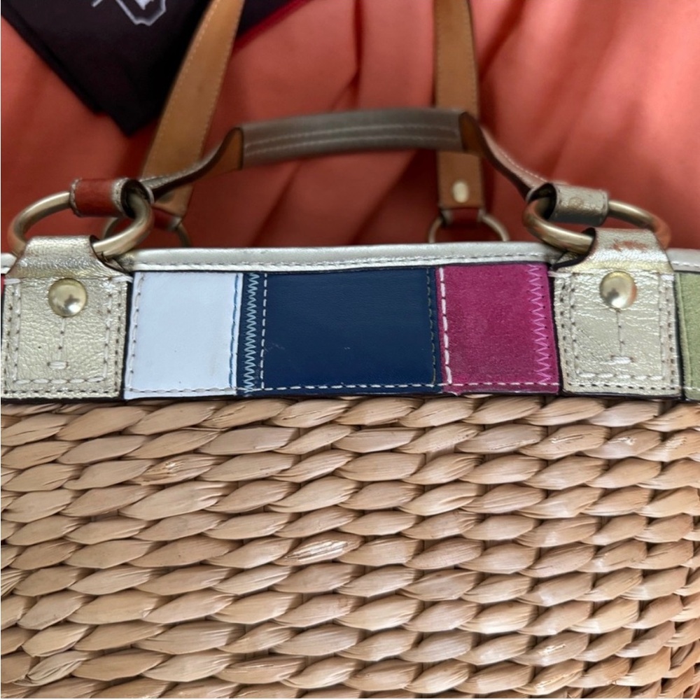 Coach Raffia/Straw Tote with Multicolor Leather Trim and Metallic Gold Accents - Picture 7 of 7